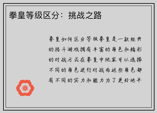 拳皇等级区分：挑战之路