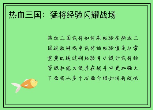 热血三国：猛将经验闪耀战场
