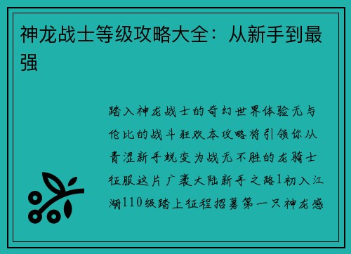 神龙战士等级攻略大全：从新手到最强